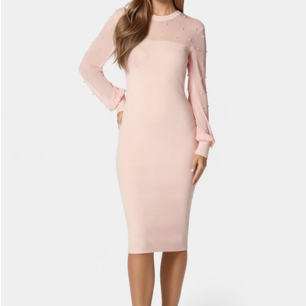 Bebe Women' Blush Pink Pearl-Accent Long Sleeve Sweater Midi Bodycon Dress XS